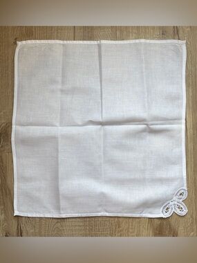 Vintage White Linen Wedding Handkerchief Lace Butterfly Corner Hanky set of 6